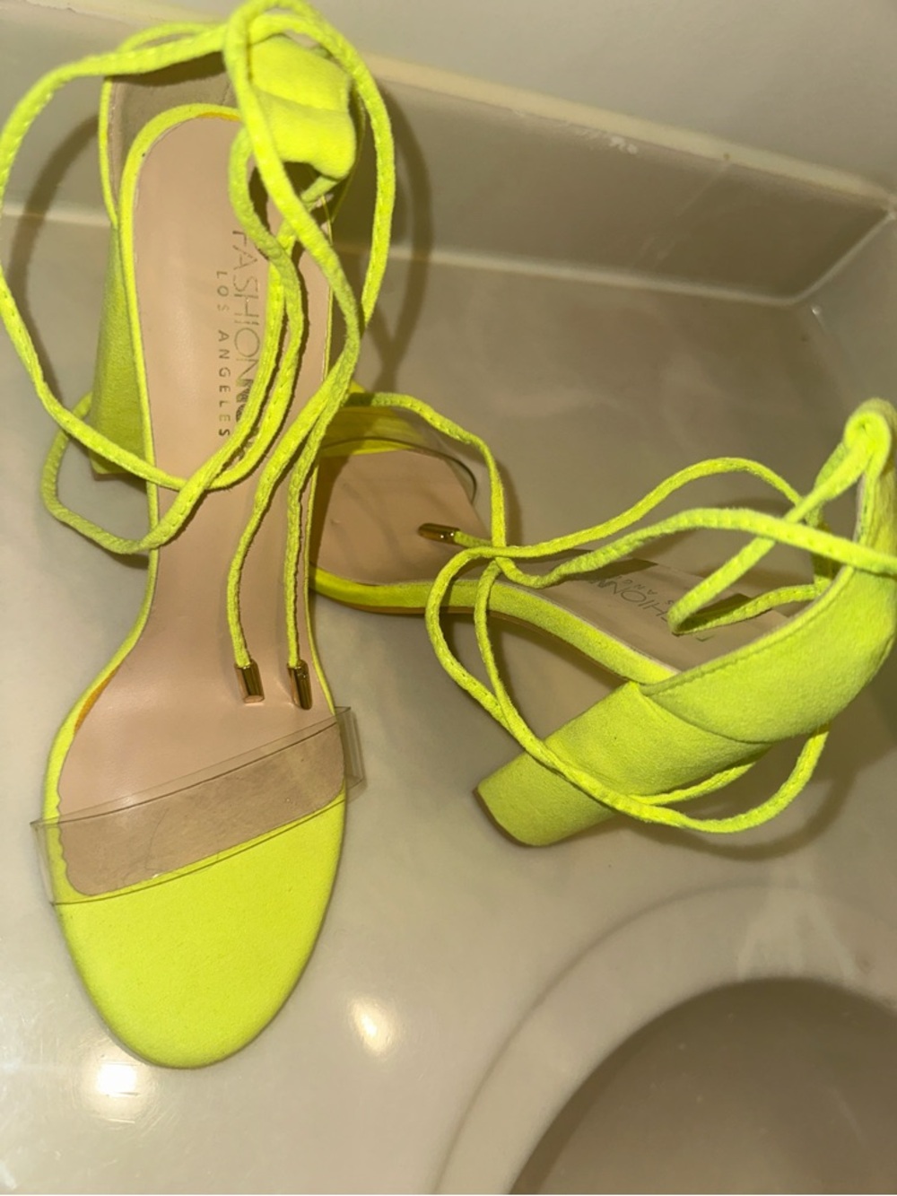 Fashion Nova Neon Lace-Up Clear Strap Heels